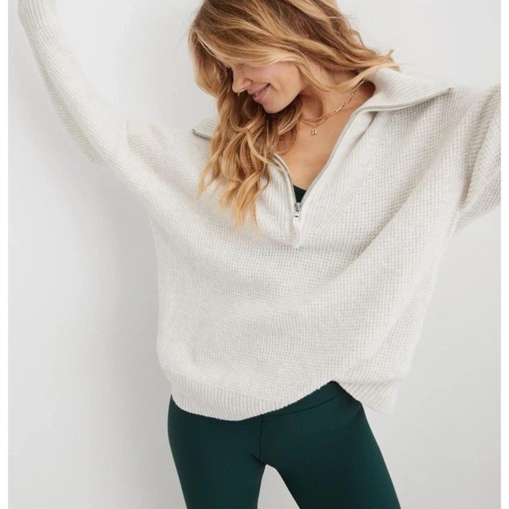 Aerie XXS CozyUp Waffle Quarter Zip Sweater Heather Gray Boxy Oversize Cabincore